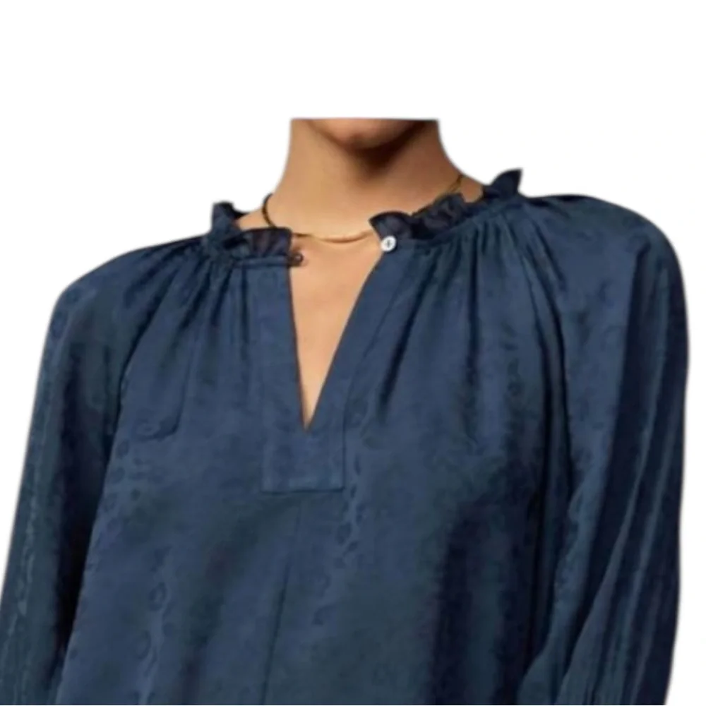 NWT Current Air Floral Jacquard Split Button Neck Long Sleeve In Midnight Size M - Picture 2 of 12
